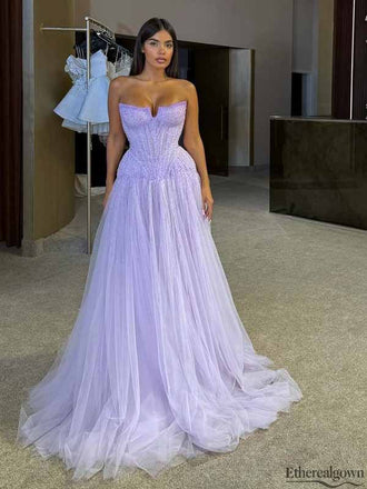 Gorgeous Lavender Tulle Beaded Strapless A-line Formal Dress