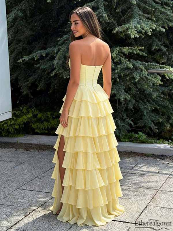 Etherealgown-Gorgeous Lemon Yellow Tiered Ruffle Sweetheart Corset Formal Dress