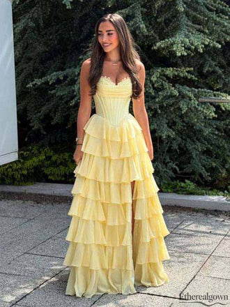Gorgeous Lemon Yellow Tiered Ruffle Sweetheart Corset Formal Dress
