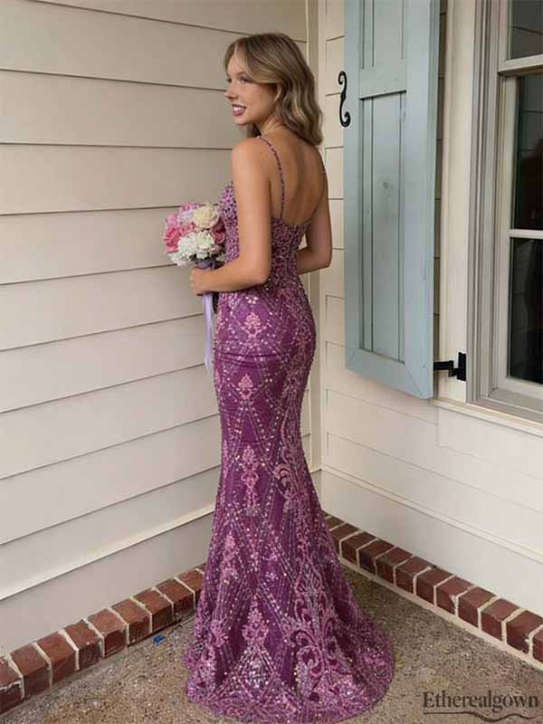 Etherealgown-Gorgeous Magenta Lace V-neck Spaghetti Strap Appliques Mermaid Evening Gown