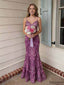 Gorgeous Magenta Lace V-neck Spaghetti Strap Appliques Mermaid Evening Gown