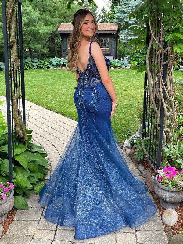 Gorgeous Royal Blue Tulle V-neck Embellished Backless Mermaid Maxi Prom Dress