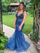 Gorgeous Royal Blue Tulle V-neck Embellished Backless Mermaid Maxi Prom Dress