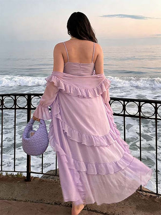 Lavender Ruffled Two-Piece V-neck Spaghetti Strap Side Slit Prom Dress