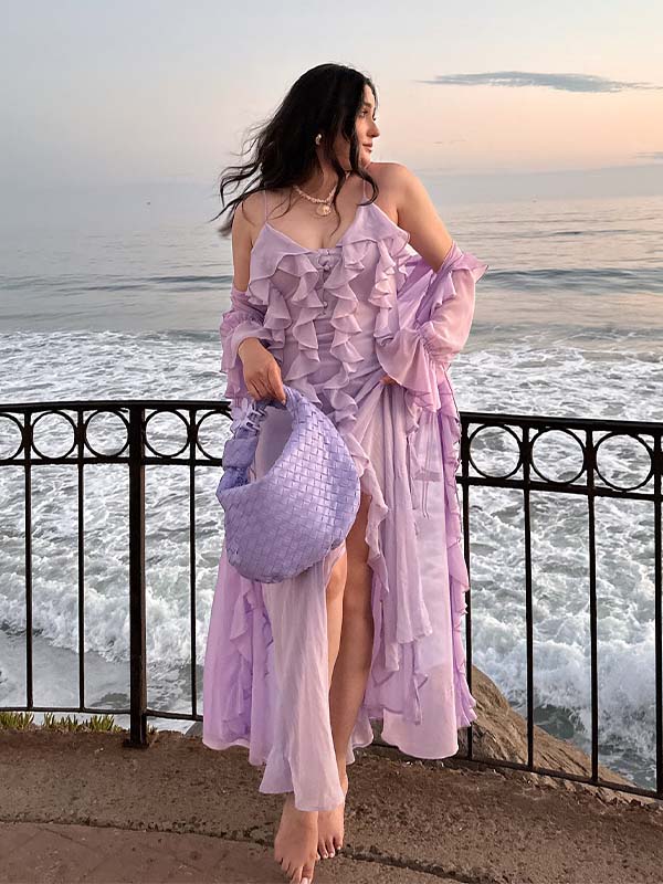 Lavender Ruffled Two-Piece V-neck Spaghetti Strap Side Slit Prom Dress