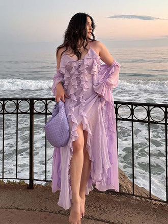 Lavender Ruffled Two-Piece V-neck Spaghetti Strap Side Slit Prom Dress