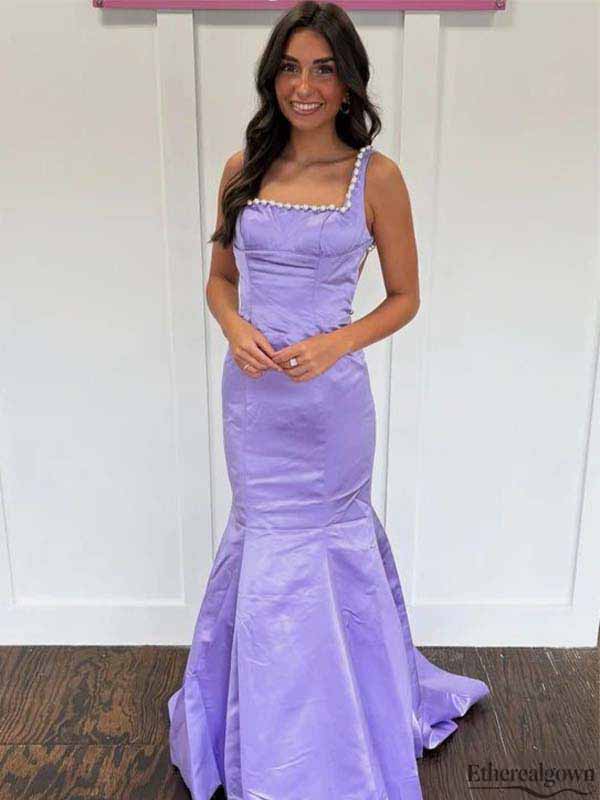 Etherealgown-Lavender Satin Square Pearl-Trimmed Mermaid Long Prom Dress