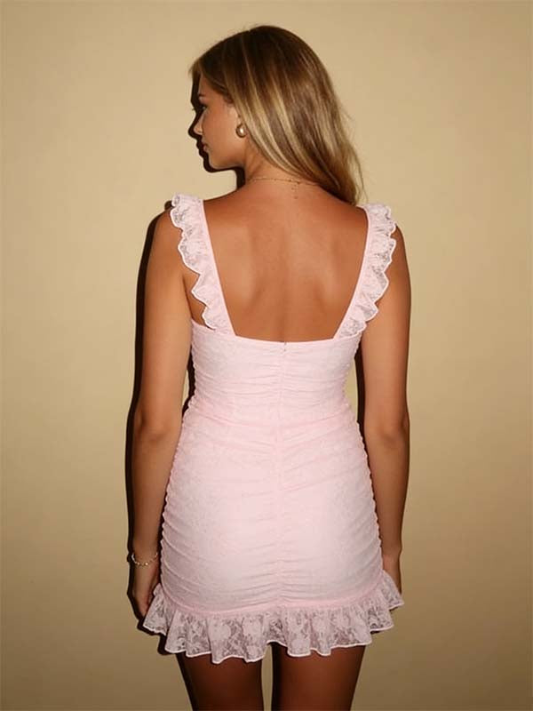 Romantic Blush Pink V-neck Lace Ruffled Strap Bodycon Mini Dress