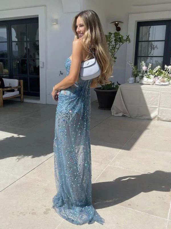 Sexy Aqua Sequin Tulle V-neck Sheer Cutout High-Slit Mermaid Long Prom Dress