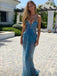 Sexy Aqua Sequin Tulle V-neck Sheer Cutout High-Slit Mermaid Long Prom Dress