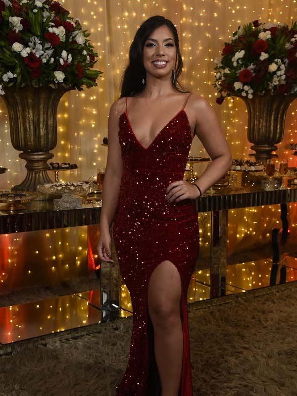 Sexy Deep Red Sequin V-neck Open-Back Spaghetti Strap High-Slit Mermaid  Prom Dress