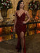 Sexy Deep Red Sequin V-neck Open-Back Spaghetti Strap High-Slit Mermaid  Prom Dress