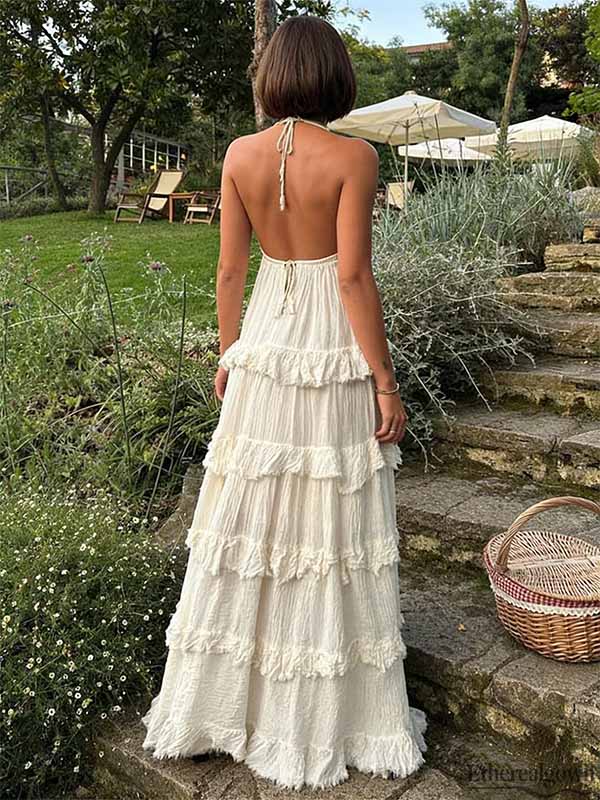 Sexy Ivory Textured V-neck Halter Tiered Ruffle A-line Formal Dress