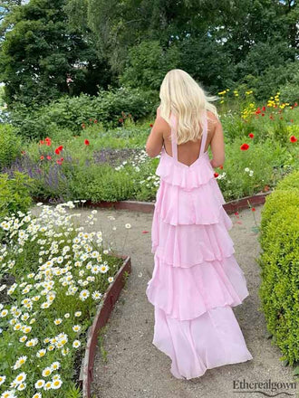 Etherealgown-Simple Blush Pink Chiffon Tiered Halter V-back A-line Formal Dress