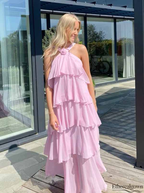 Etherealgown-Simple Blush Pink Chiffon Tiered Halter V-back A-line Formal Dress