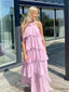 Simple Blush Pink Chiffon Tiered Halter V-back A-line Formal Dress