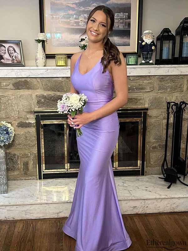 Etherealgown-Simple Lavender Satin V-neck Spaghetti Strap Lace-Up Mermaid Long Prom Dress