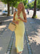 Simple Lemon Yellow Satin V-neck Halter Backless Bodycon Long Prom Dress