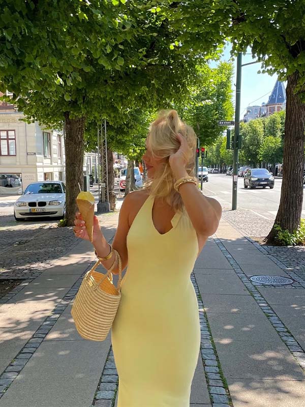 Simple Lemon Yellow Satin V-neck Halter Backless Bodycon Long Prom Dress