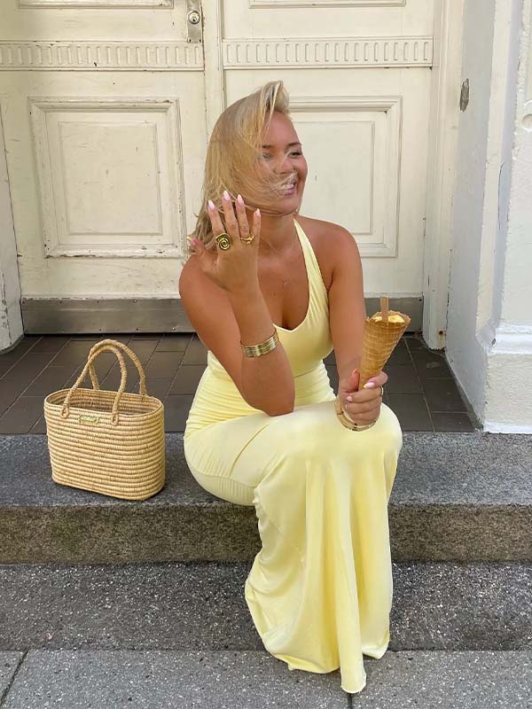 Simple Lemon Yellow Satin V-neck Halter Backless Bodycon Long Prom Dress