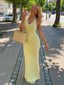 Simple Lemon Yellow Satin V-neck Halter Backless Bodycon Long Prom Dress