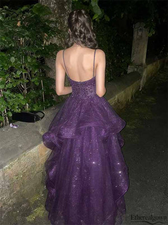 Etherealgown-Sparkly Royal Purple V-neck Glitter Tulle Spaghetti Strap A-line Evening Gown
