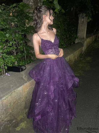 Sparkly Royal Purple V-neck Glitter Tulle Spaghetti Strap A-line Evening Gown