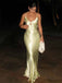 Unique V-neck Pale Yellow Satin Spaghetti Strap Open Back Mermaid Evening Gown