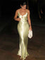 Unique V-neck Pale Yellow Satin Spaghetti Strap Open Back Mermaid Evening Gown