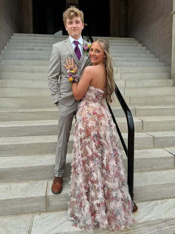 Floral Ruffle Strapless Side Slit Ballgown Maxi Prom Dress