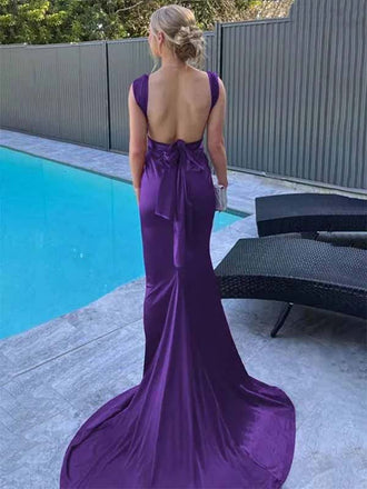 Elegant Purple Satin Mermaid Prom Dress with V-neck, Backless Design & Wide Shoulder Straps