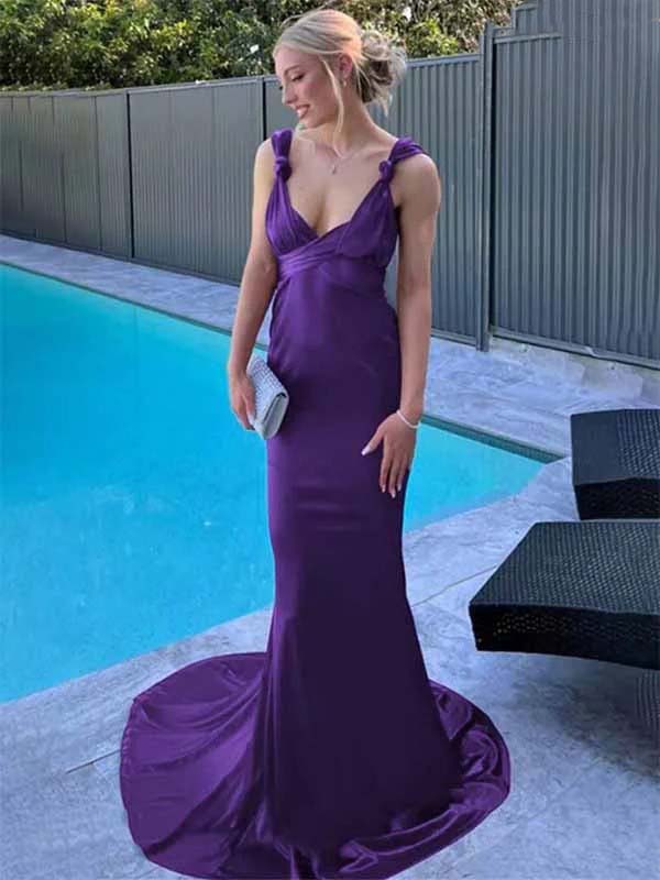 Elegant Purple Satin Mermaid Prom Dress with V-neck, Backless Design & Wide Shoulder Straps