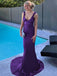 Elegant Purple Satin Mermaid Prom Dress with V-neck, Backless Design & Wide Shoulder Straps