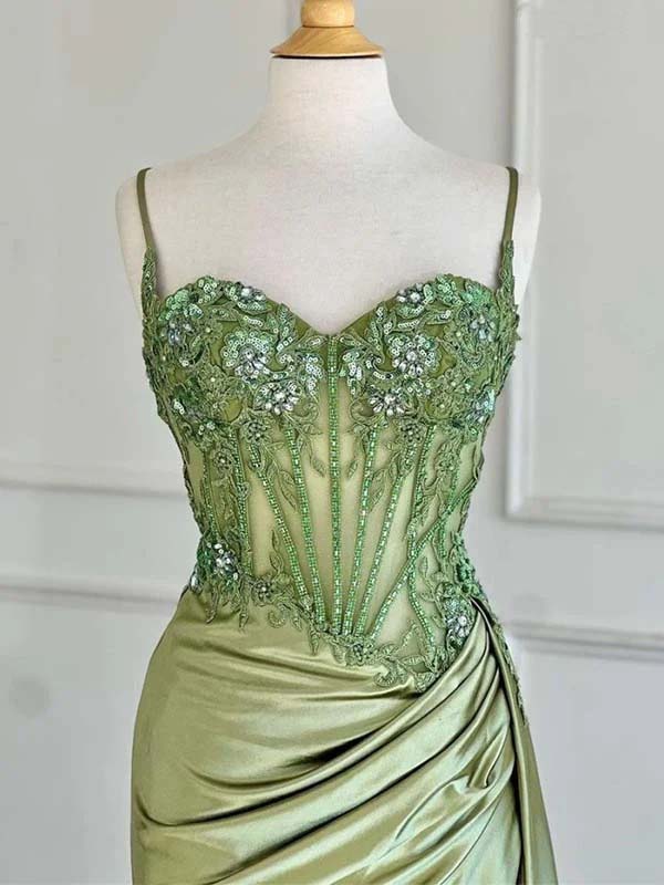 Elegant Sage Green Satin Mermaid Prom Dress with Sweetheart Neckline & Spaghetti Straps