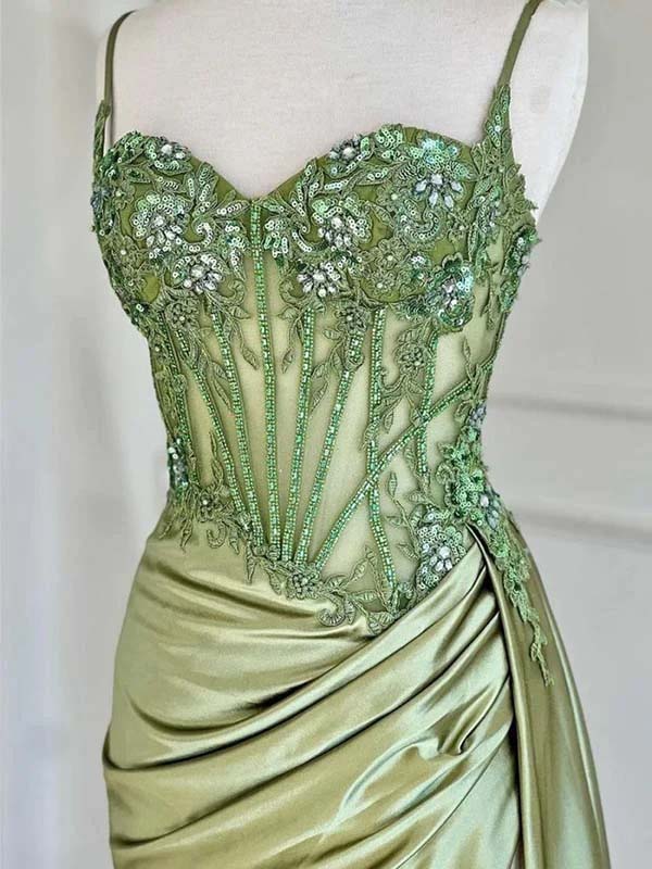 Elegant Sage Green Satin Mermaid Prom Dress with Sweetheart Neckline & Spaghetti Straps