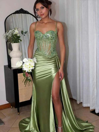 Elegant Sage Green Satin Mermaid Prom Dress with Sweetheart Neckline & Spaghetti Straps
