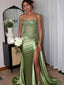 Elegant Sage Green Satin Mermaid Prom Dress with Sweetheart Neckline & Spaghetti Straps