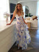 Romantic Blue Floral Ruffle Maxi Dress with V-neck Bodice & Sheer Layered Prom Dress