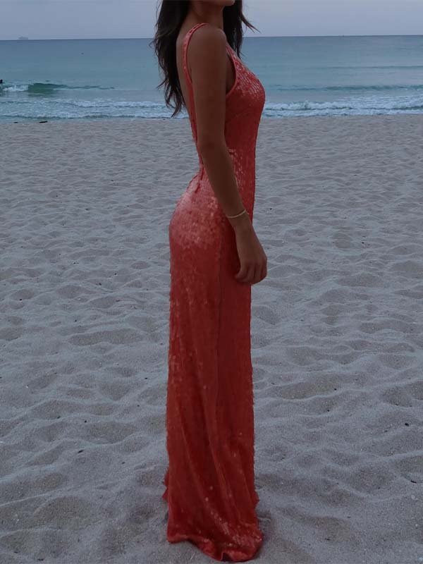 Sparkly Burnt Orange Sequin Mermaid Evening Dress with Square Neckline & Long Prom Gown