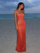 Sparkly Burnt Orange Sequin Mermaid Evening Dress with Square Neckline & Long Prom Gown