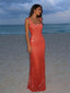 Sparkly Burnt Orange Sequin Mermaid Evening Dress with Square Neckline & Long Prom Gown