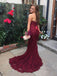 Gorgeous Burgundy Sweetheart Strapless Lace Appliques Mermaid Long Prom Dress