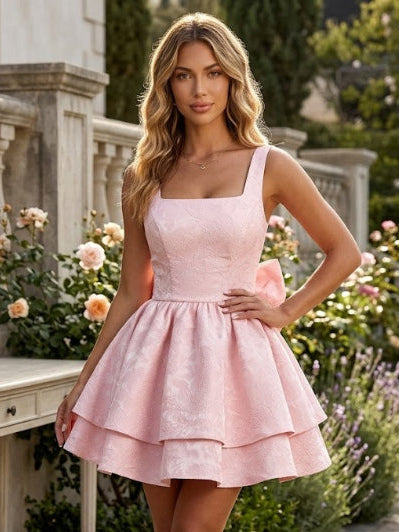 Gorgeous Jacquard Square Neck Tiered Backless with Bow A Line Mini Homecoming Dresses