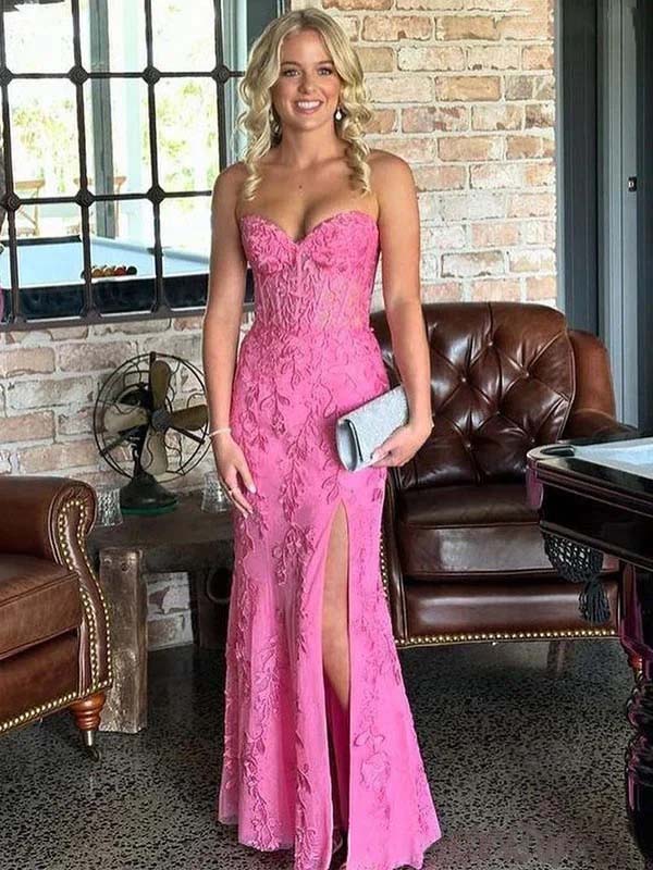 Gorgeous Lace Pink Sweetheart Strapless Appliques Side Slit  Mermaid Long Prom Dress