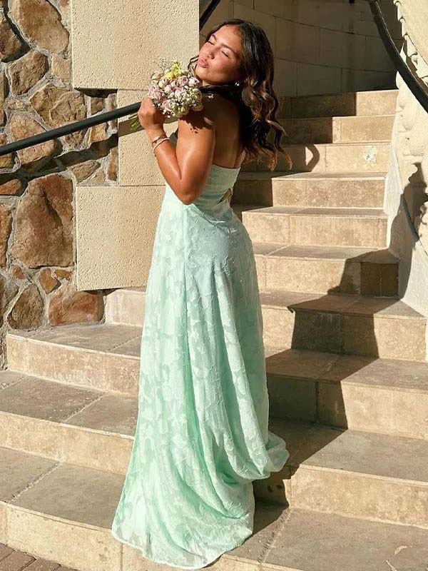 Gorgeous Mint Green Strapless Lace Side Slit A-line Long Prom Dress