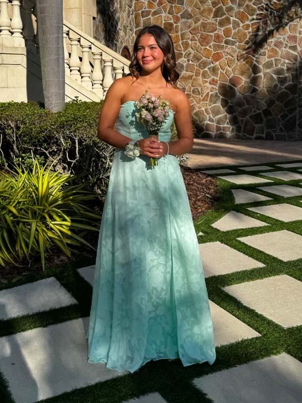 Gorgeous Mint Green Strapless Lace Side Slit A-line Long Prom Dress