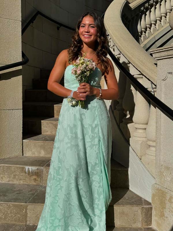 Gorgeous Mint Green Strapless Lace Side Slit A-line Long Prom Dress