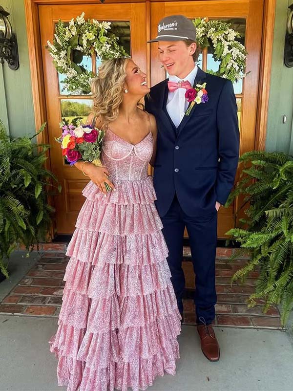 Gorgeous Pink V-neck Spaghetti Strap A-line Long Prom Dress Princess Dress