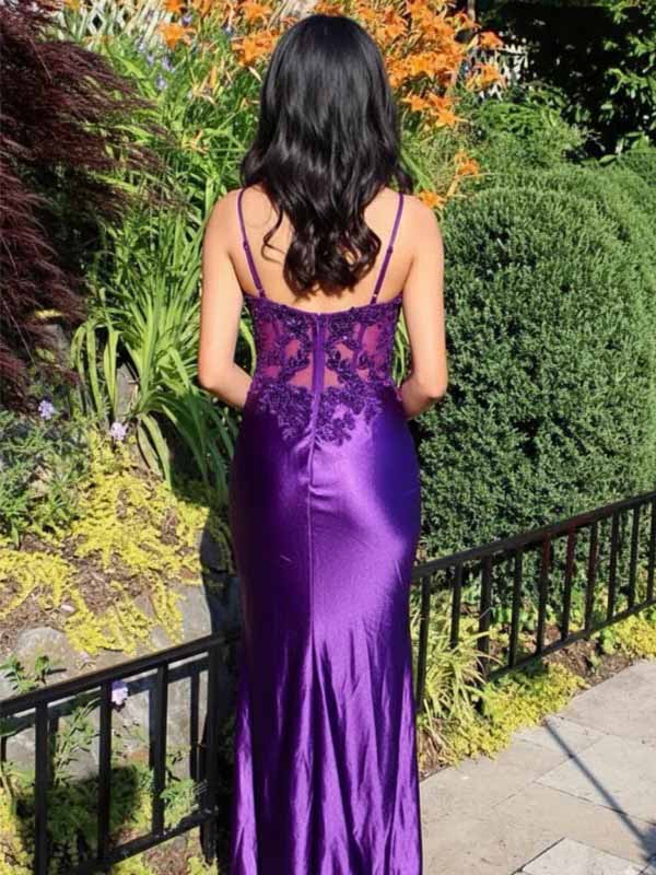 Gorgeous Purple Lace Appliques V-neck Spaghetti Strap Mermaid Side Slit Long Prom Dress