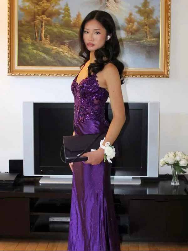 Gorgeous Purple Lace Appliques V-neck Spaghetti Strap Mermaid Side Slit Long Prom Dress